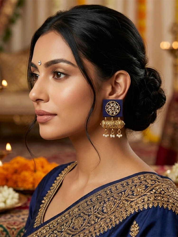 Image of Purple Alloy Wedding Party Festival Wear Pearls Kundan Earrings