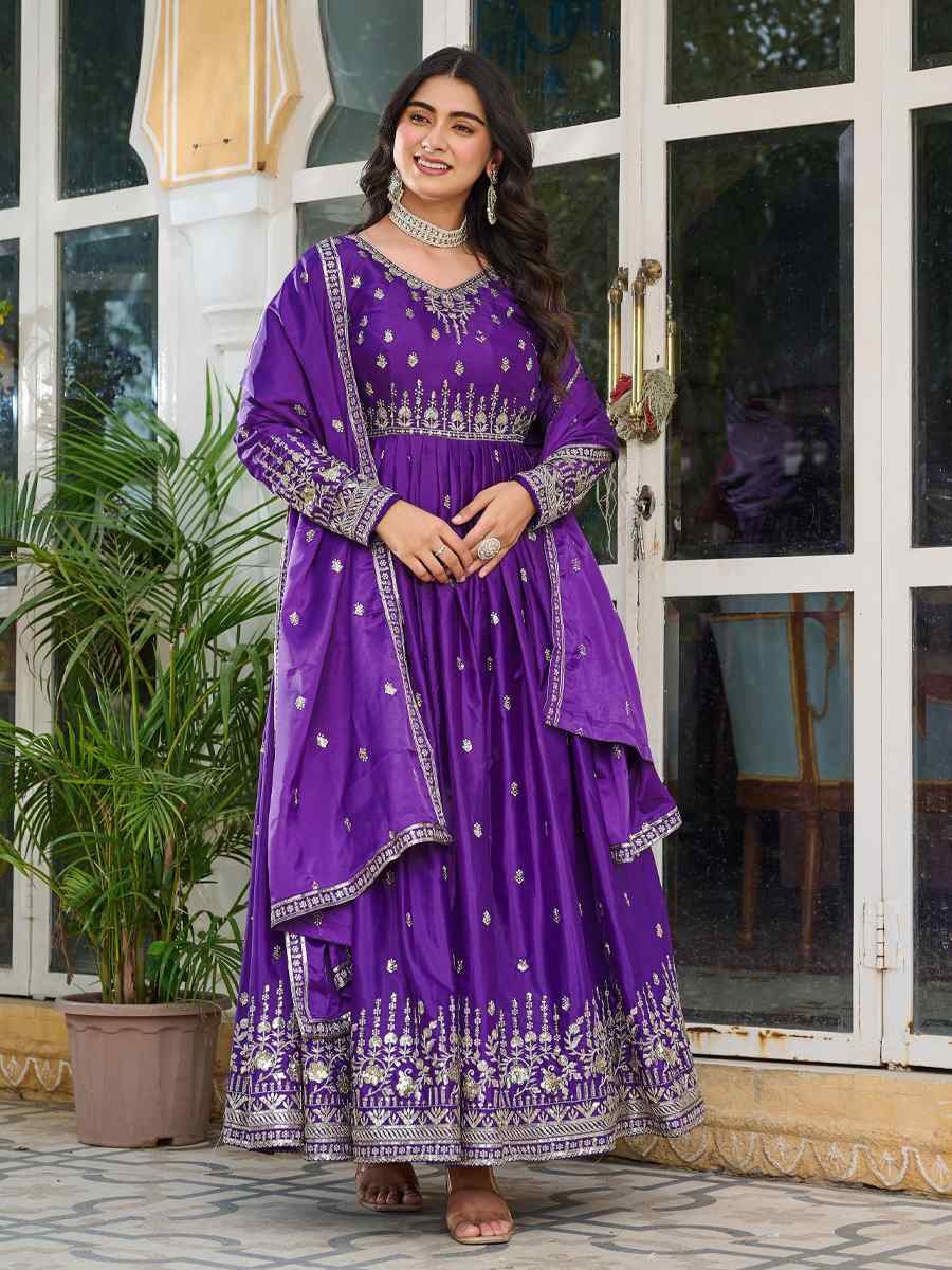 Purple American Silk Embroidered Festival Casual Ready Anarkali Salwar Kameez