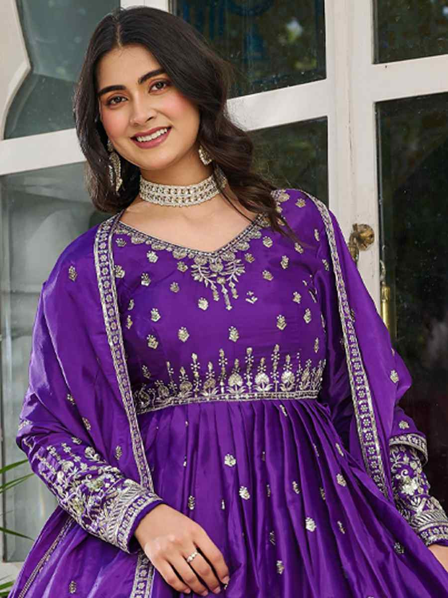 Purple American Silk Embroidered Festival Casual Ready Anarkali Salwar Kameez