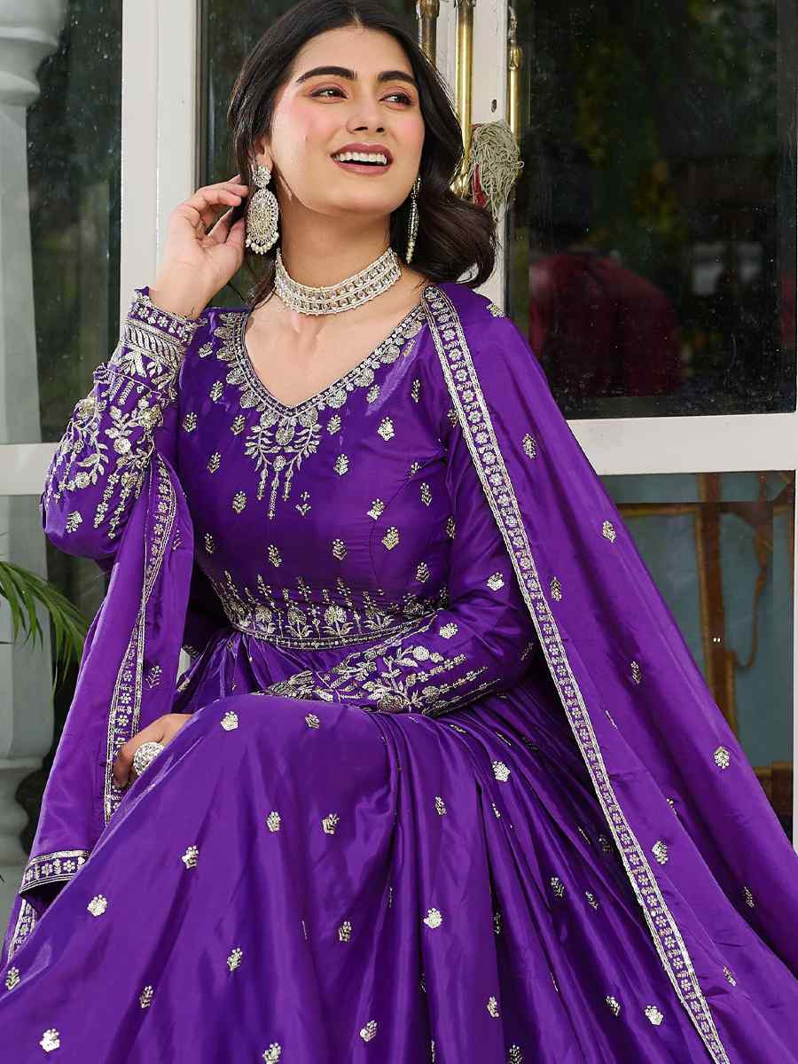 Purple American Silk Embroidered Festival Casual Ready Anarkali Salwar Kameez