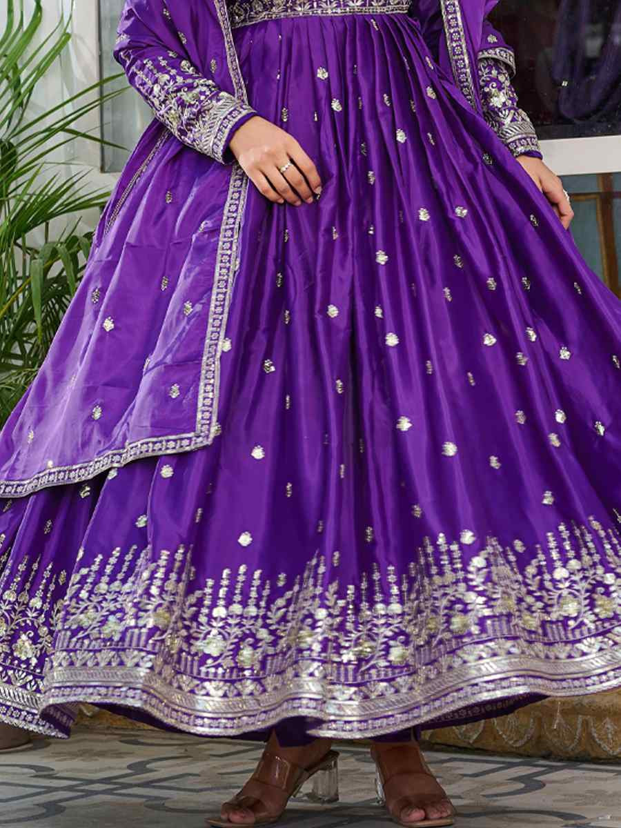 Purple American Silk Embroidered Festival Casual Ready Anarkali Salwar Kameez