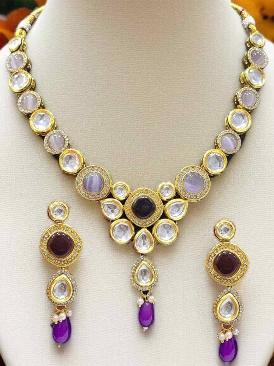 Purple And Gold Alloy Wedding Party Festival Wear Kundan Necklace