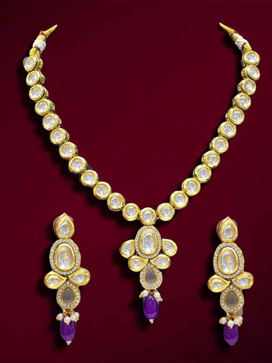 Purple And Gold Alloy Wedding Party Festival Wear Kundan Necklace
