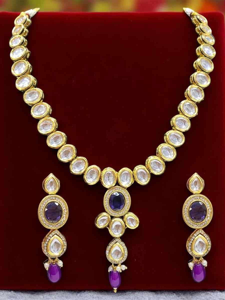 Purple And Gold Alloy Wedding Party Festival Wear Kundan Necklace