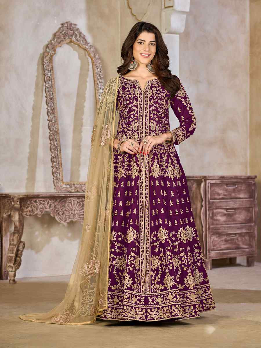 Purple Art Silk  Embroidered Bridal Festival Wedding Lawn Salwar Kameez