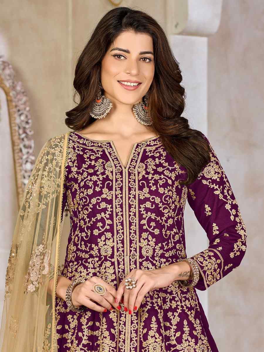 Purple Art Silk  Embroidered Bridal Festival Wedding Lawn Salwar Kameez