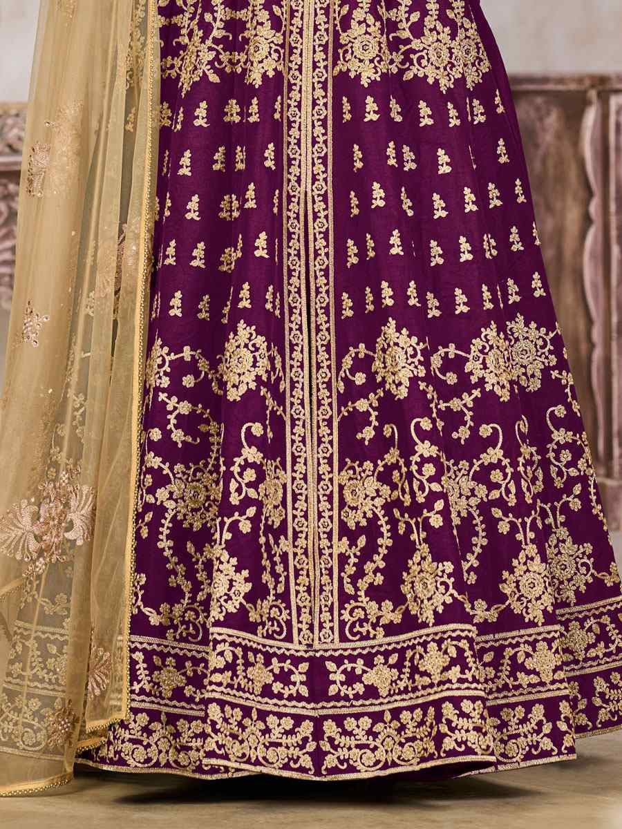 Purple Art Silk  Embroidered Bridal Festival Wedding Lawn Salwar Kameez
