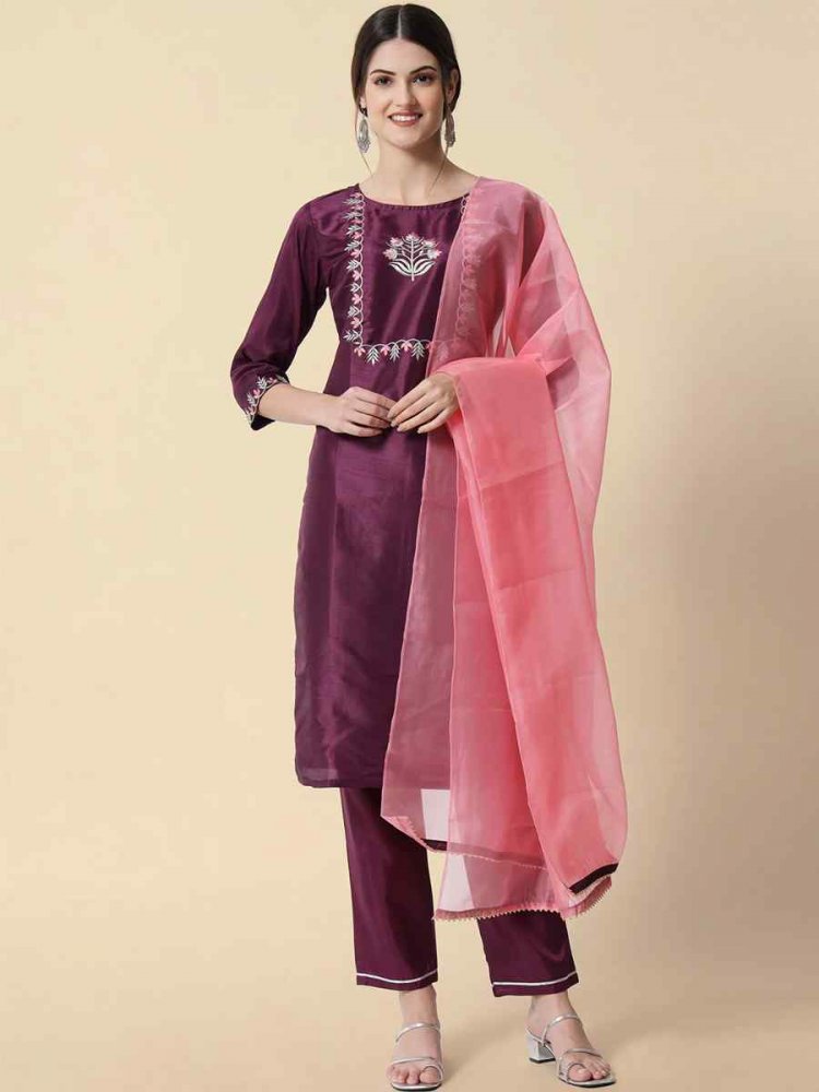 Purple Art Silk Embroidered Festival Casual Ready Pant Salwar Kameez
