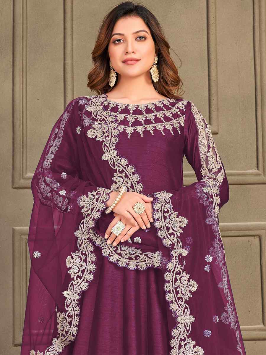 Purple Art Silk Embroidered Festival Wedding Anarkali Salwar Kameez