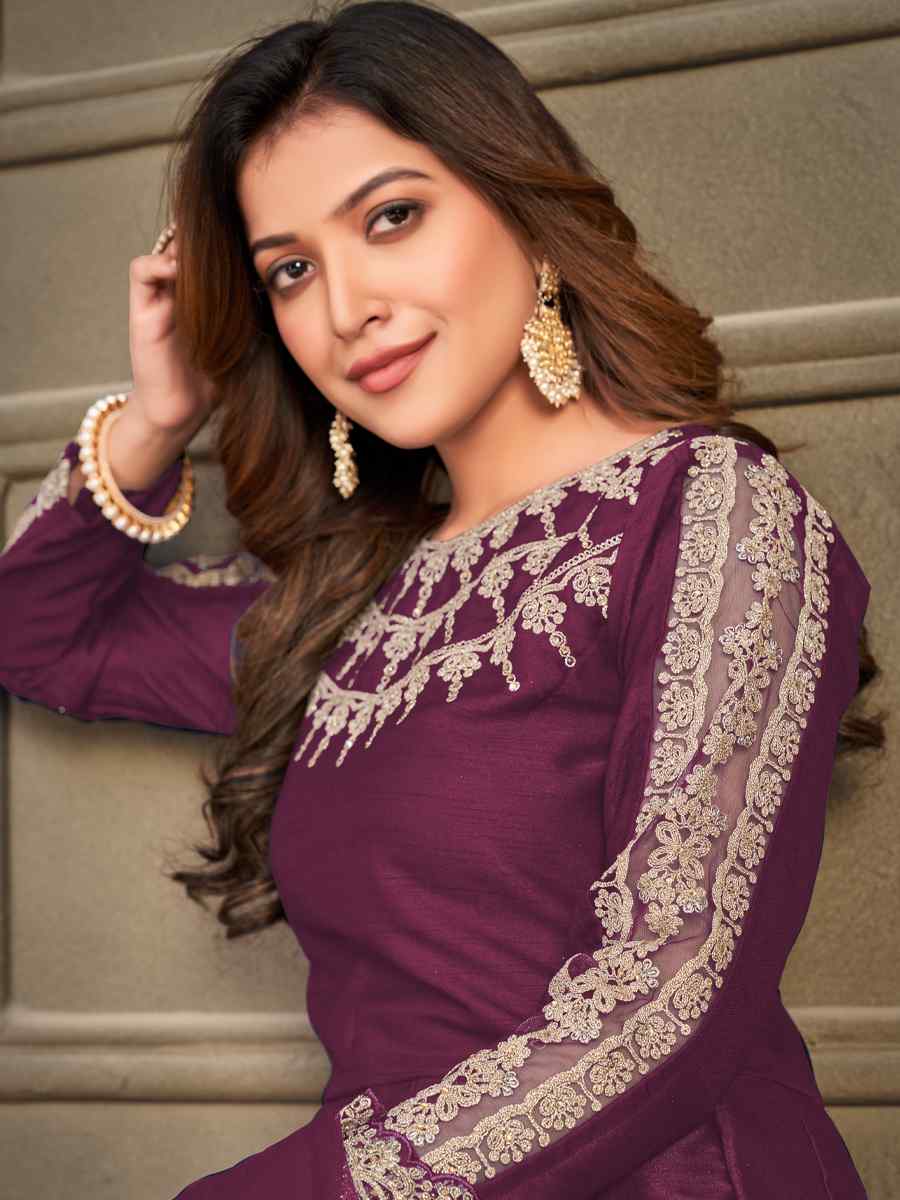 Purple Art Silk Embroidered Festival Wedding Anarkali Salwar Kameez