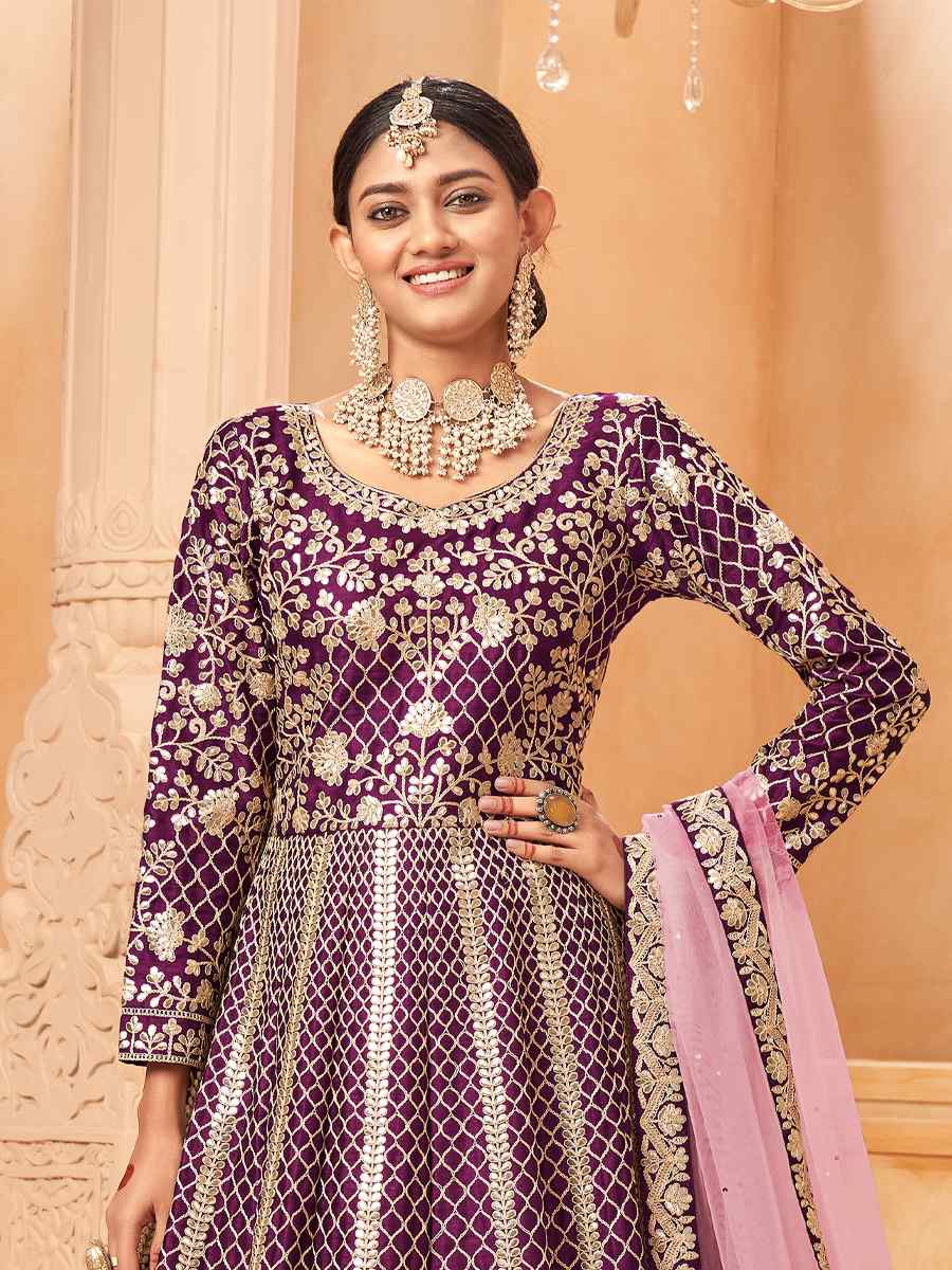 Purple Art Silk Embroidered Festival Wedding Anarkali Salwar Kameez