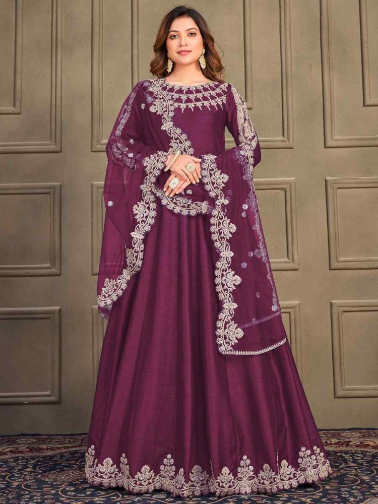 Purple Art Silk Embroidered Festival Wedding Anarkali Salwar Kameez
