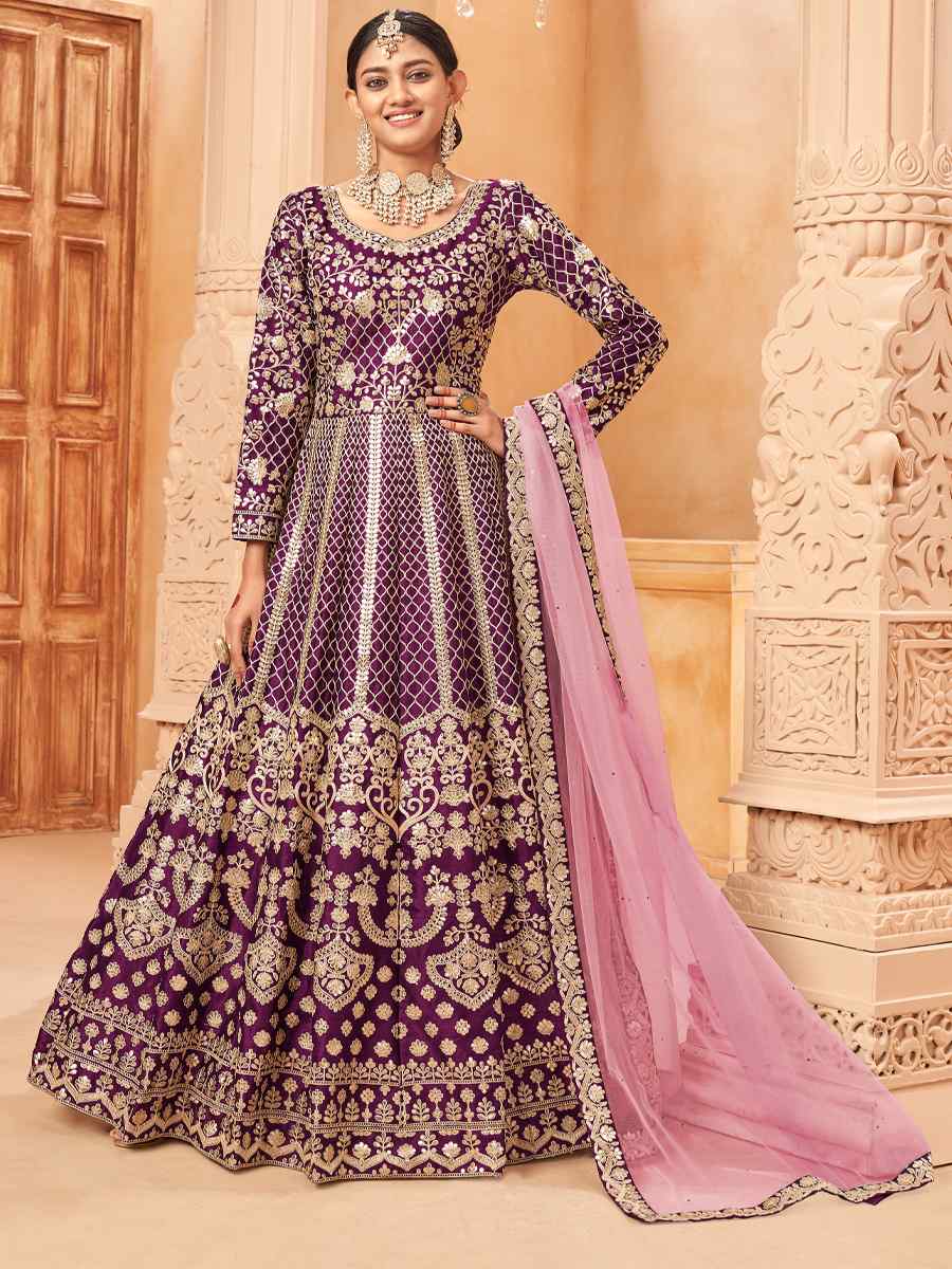 Purple Art Silk Embroidered Festival Wedding Anarkali Salwar Kameez