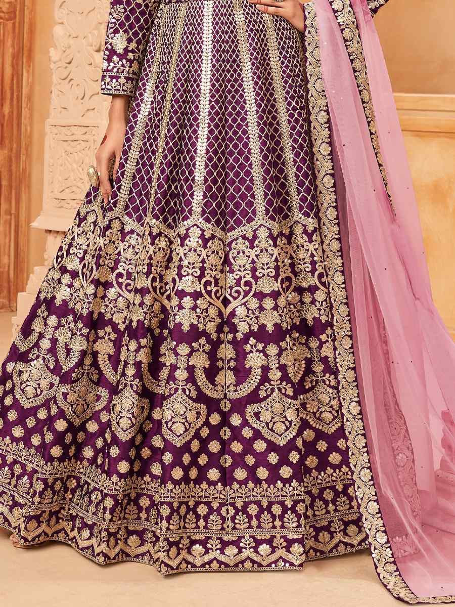 Purple Art Silk Embroidered Festival Wedding Anarkali Salwar Kameez