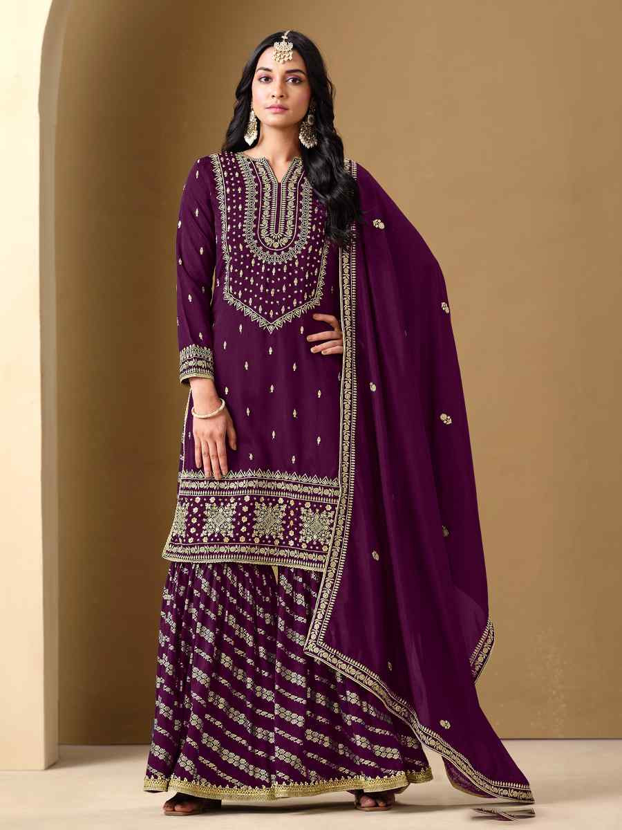 Purple Art Silk Embroidered Festival Wedding Sharara Pant Salwar Kameez