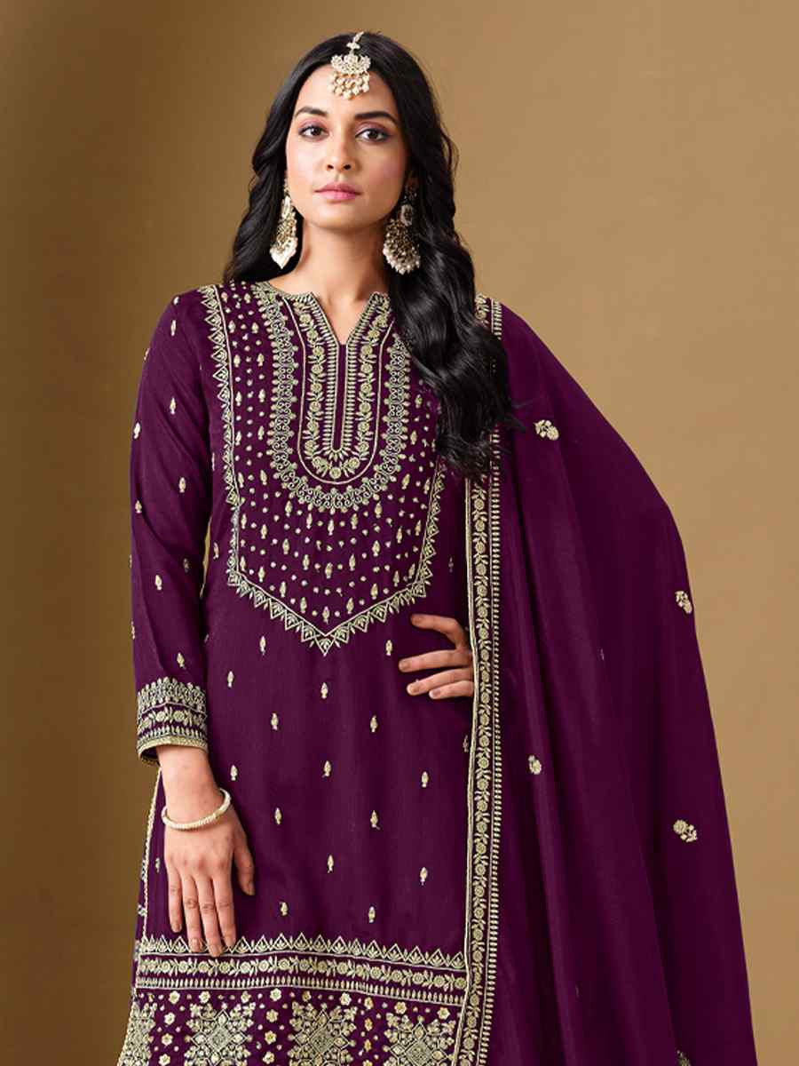 Purple Art Silk Embroidered Festival Wedding Sharara Pant Salwar Kameez
