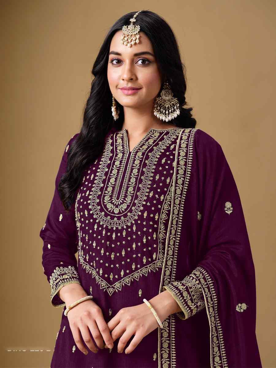 Purple Art Silk Embroidered Festival Wedding Sharara Pant Salwar Kameez