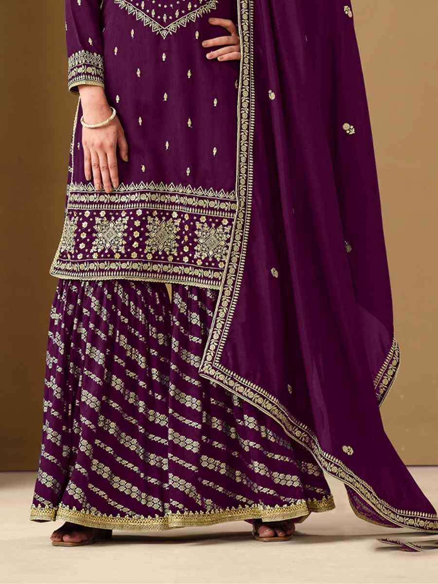 Purple Art Silk Embroidered Festival Wedding Sharara Pant Salwar Kameez