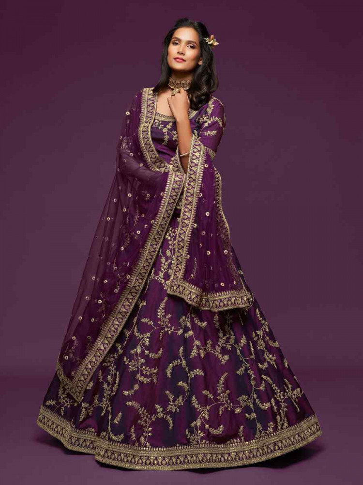 Image of Purple Art Silk Embroidered Wedding Reception Festival Heavy Border Lehenga Choli