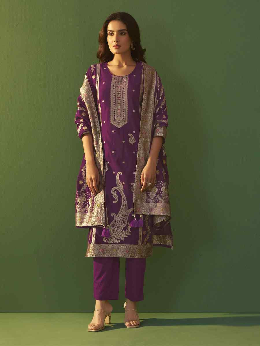 Purple Art Silk Embroidery Party Festival Casual Ready Pant Salwar Kameez