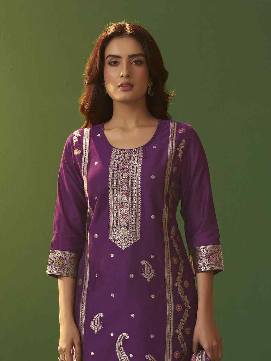 Purple Art Silk Embroidery Party Festival Casual Ready Pant Salwar Kameez