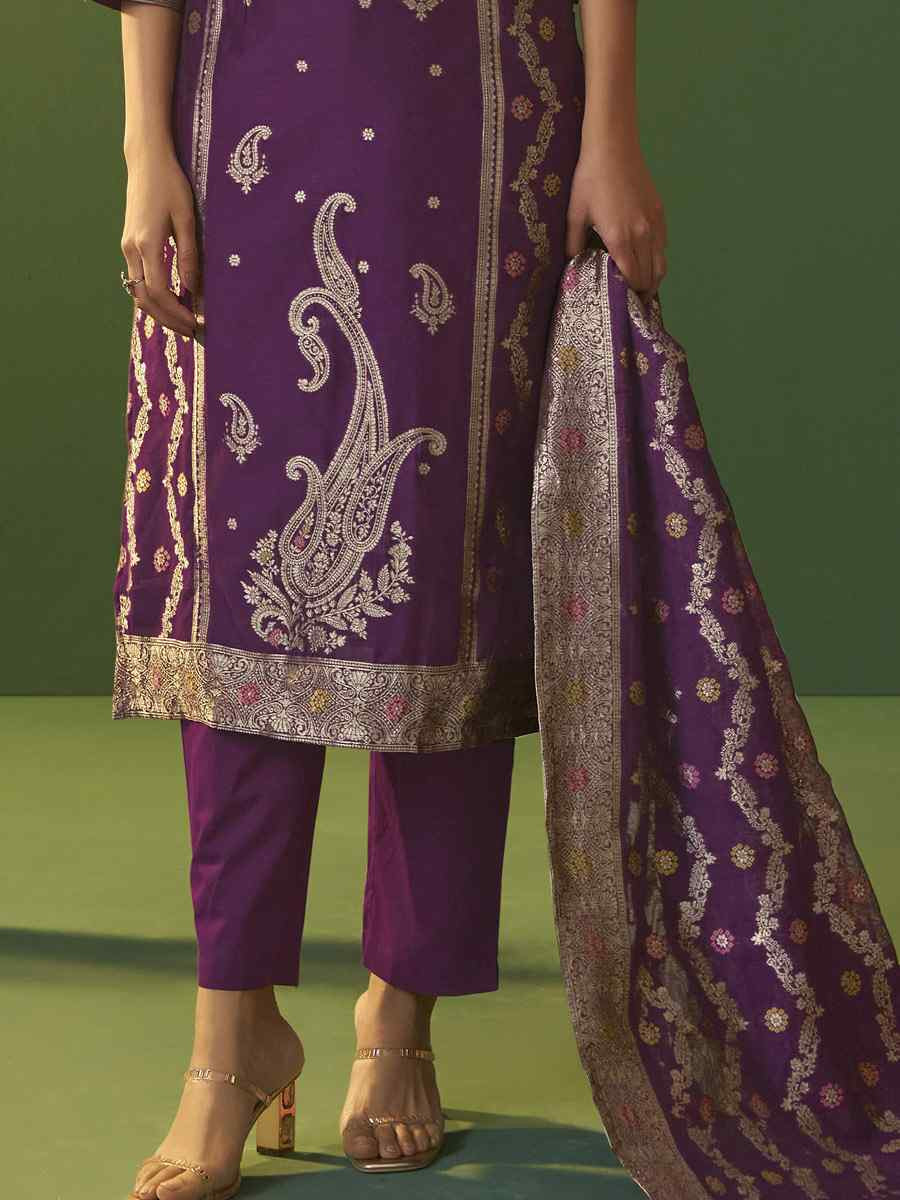Purple Art Silk Embroidery Party Festival Casual Ready Pant Salwar Kameez
