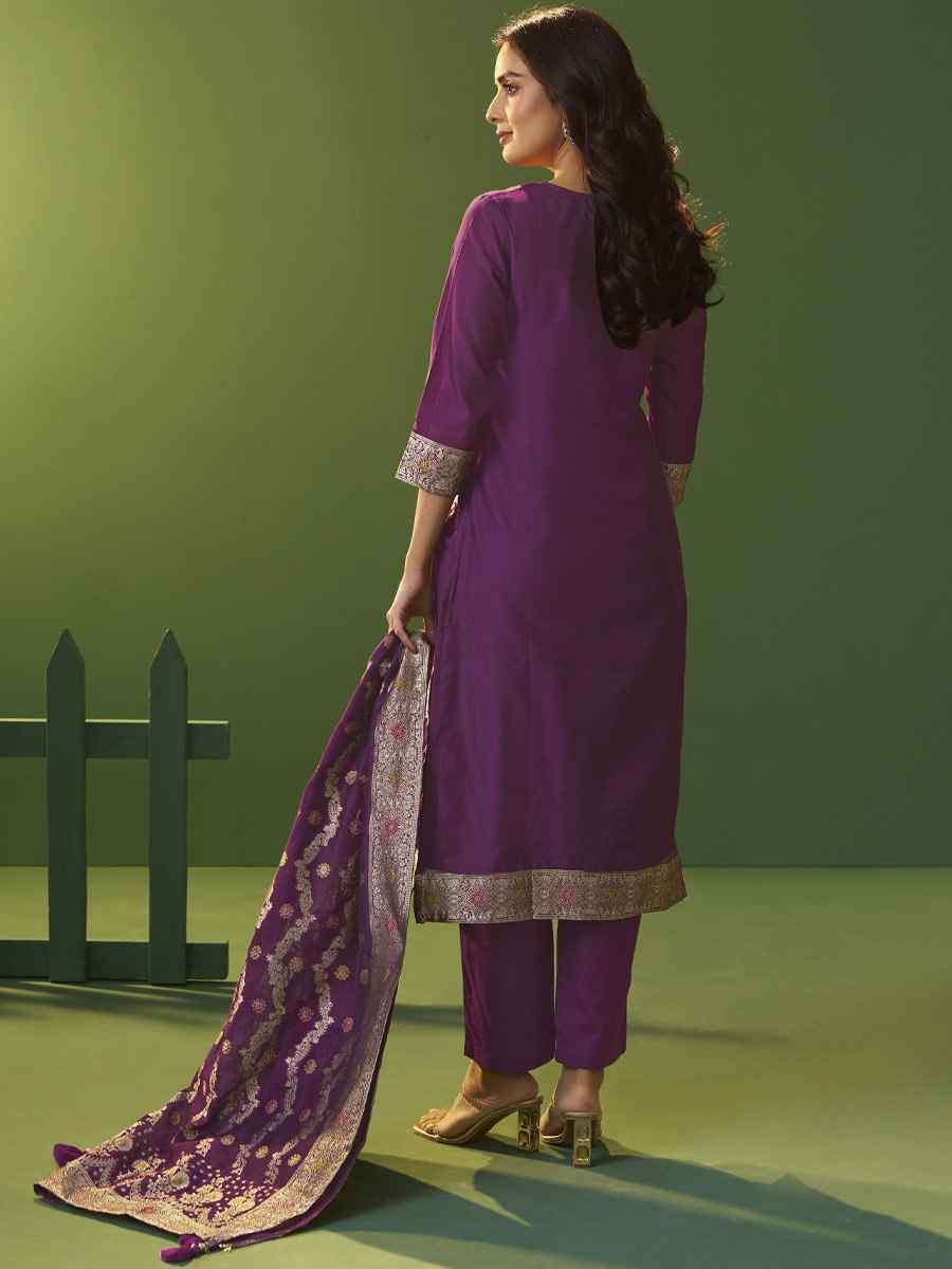 Purple Art Silk Embroidery Party Festival Casual Ready Pant Salwar Kameez