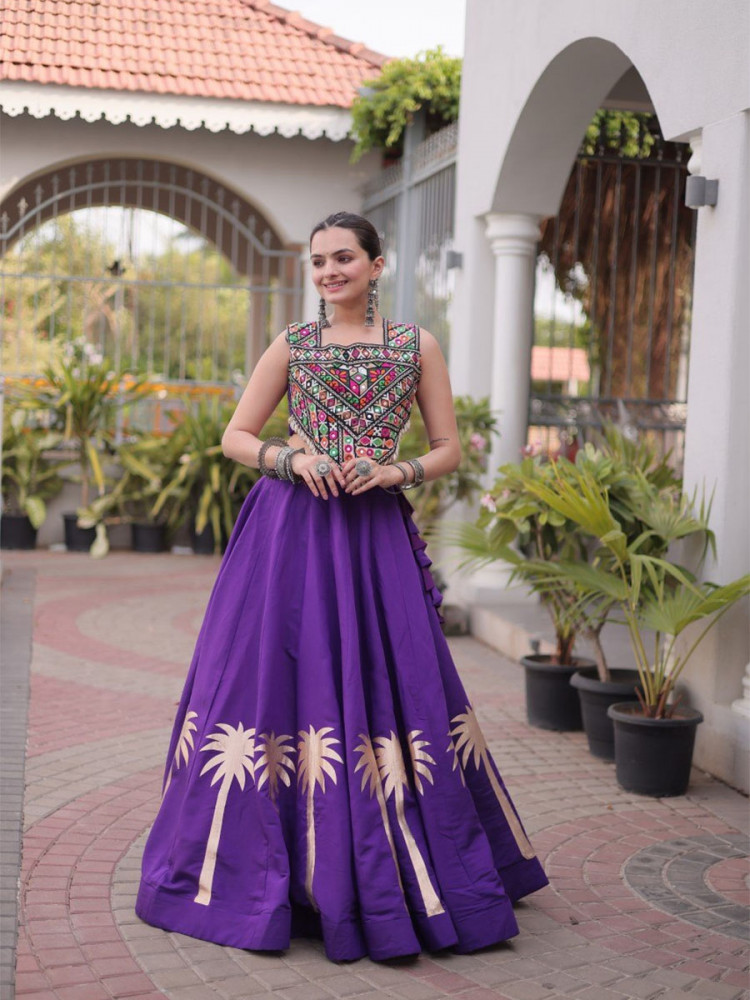 Image of Purple Art Silk Embroidery Wedding Reception Festival Party Wear Circular Lehenga Choli
