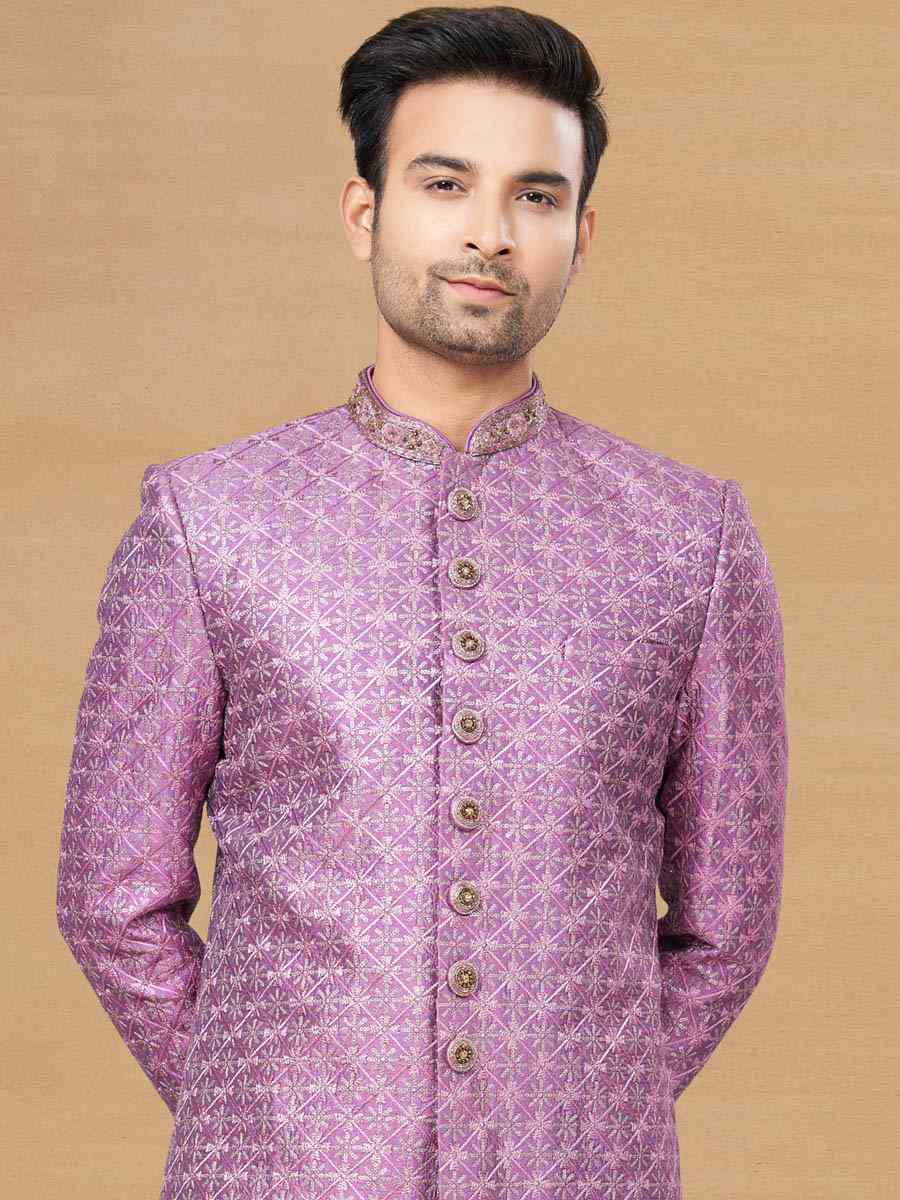Purple Art Silk Woven Festival Wedding Sherwani