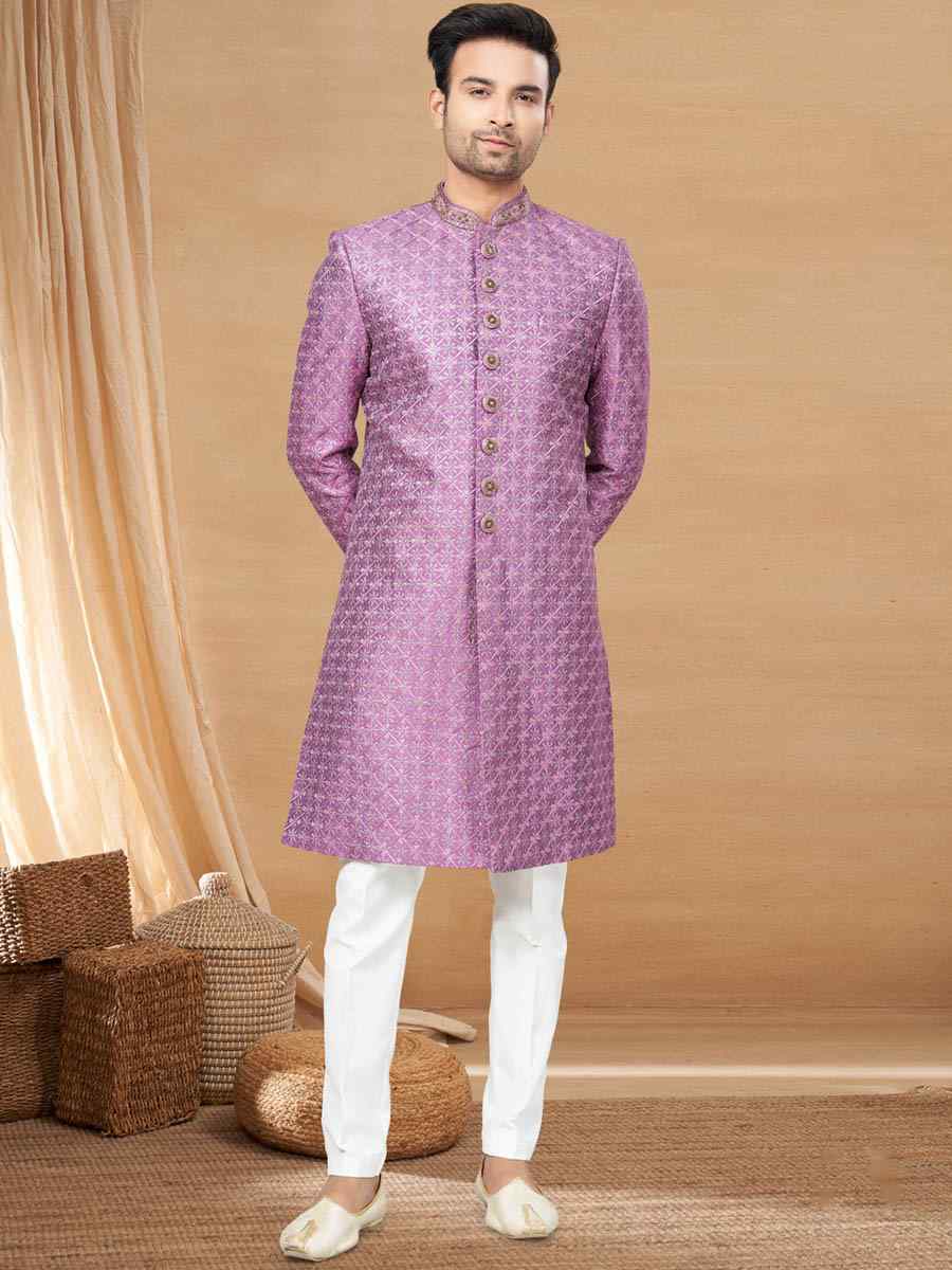 Purple Art Silk Woven Festival Wedding Sherwani