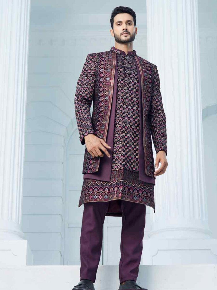 Purple Art Silk Woven Wedding Groom Sherwani