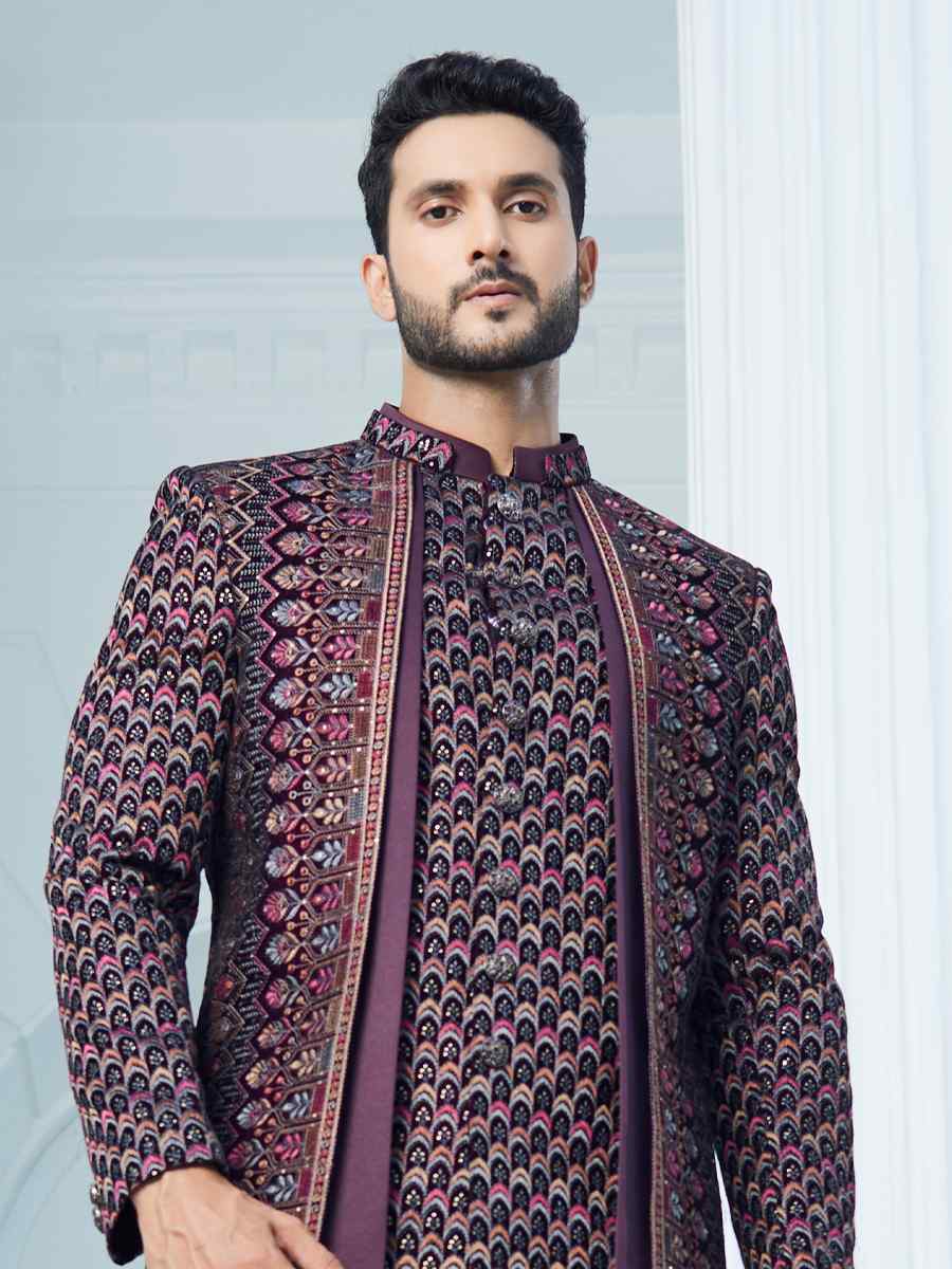 Purple Art Silk Woven Wedding Groom Sherwani