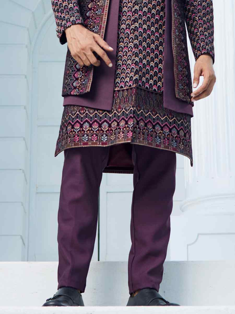 Purple Art Silk Woven Wedding Groom Sherwani