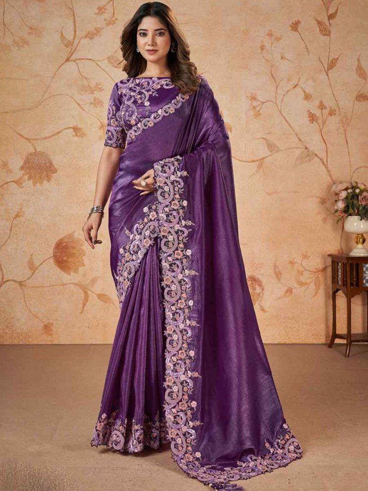 Purple Banarasi Crush Silk Embroidered Party Wedding Heavy Border Saree