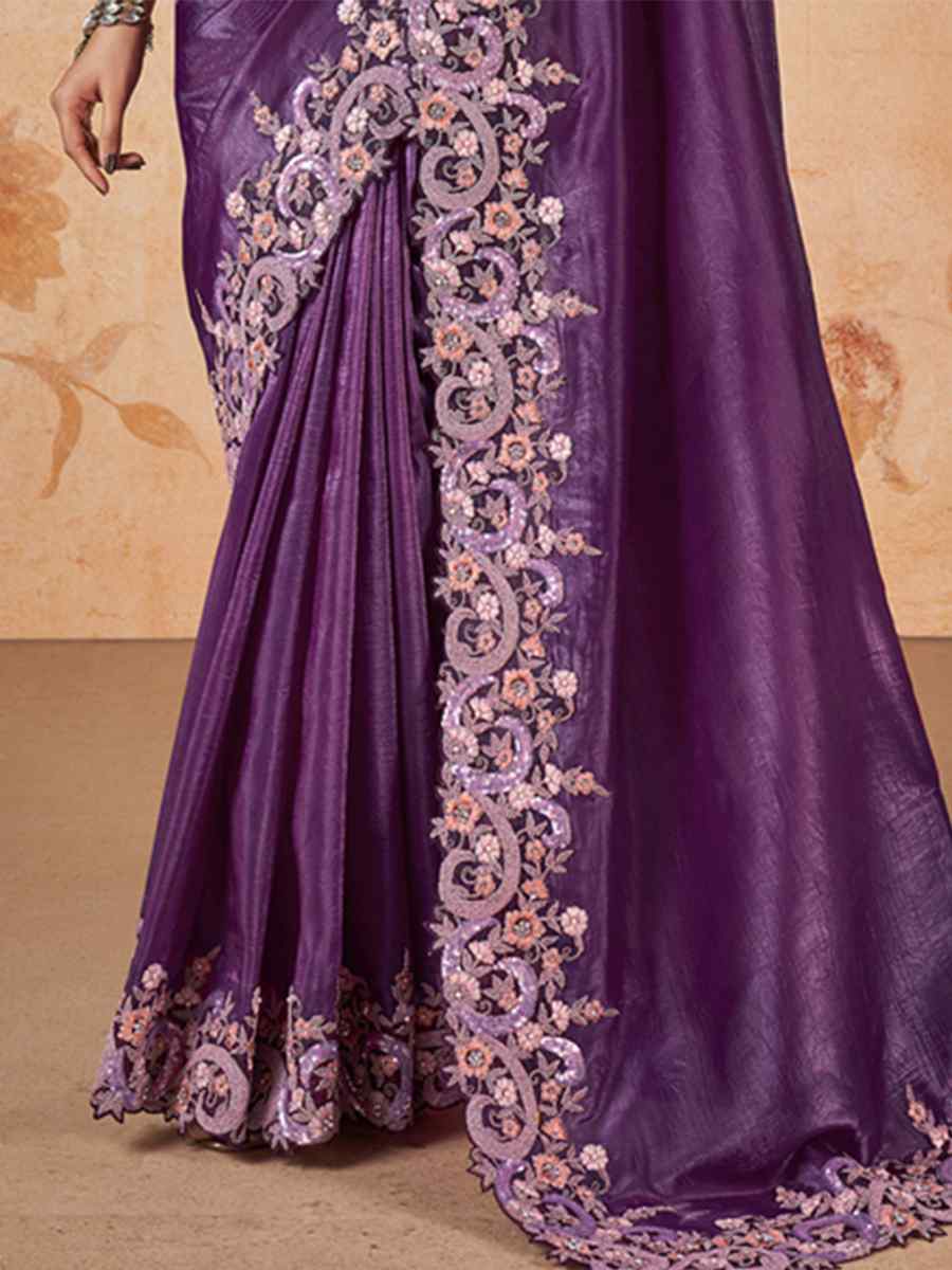Purple Banarasi Crush Silk Embroidered Party Wedding Heavy Border Saree
