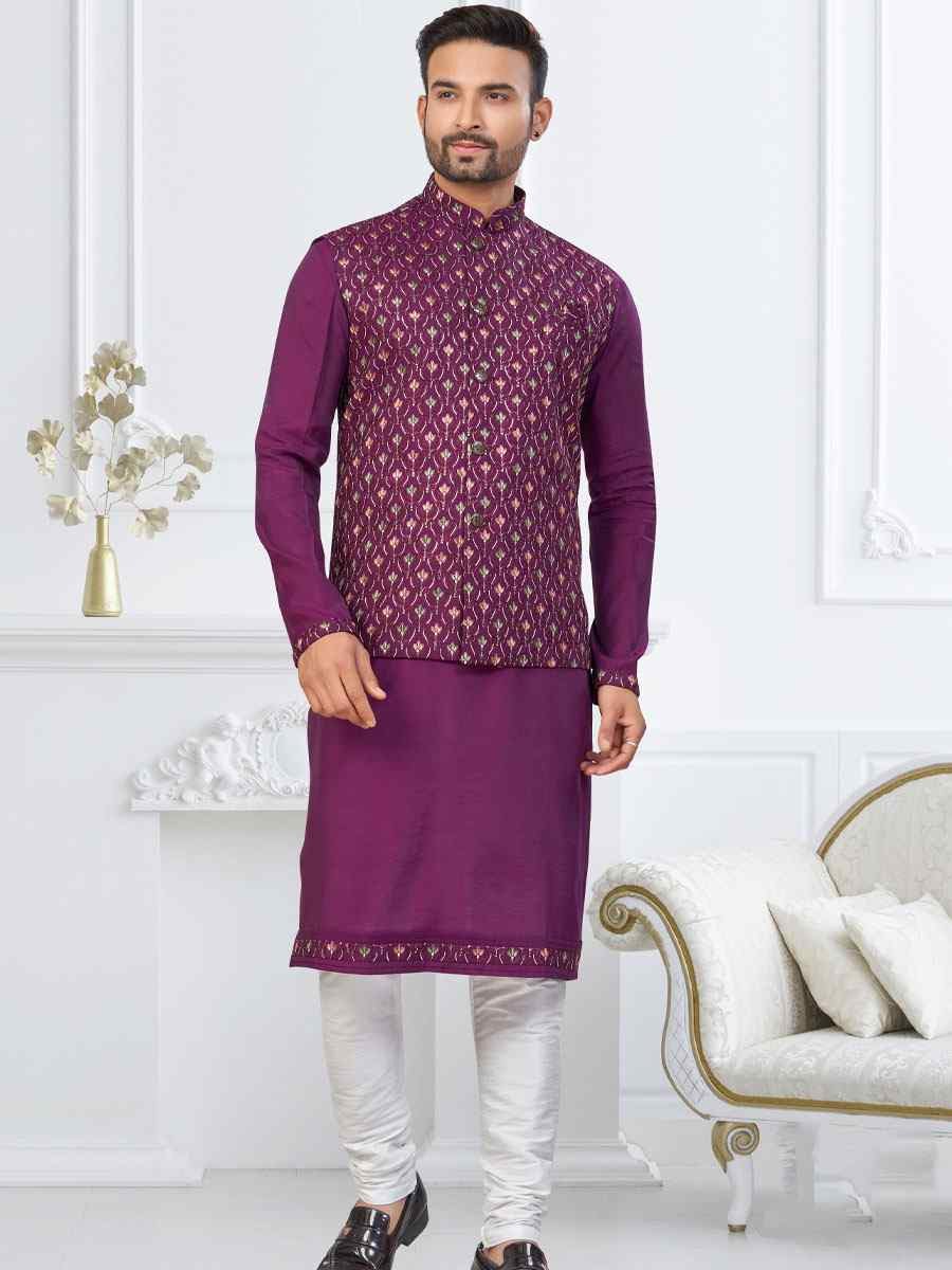 Purple Banarasi Jackard Embroidery Festival Wedding Party Mens Kurta with Jacket
