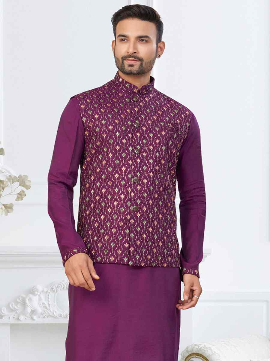 Purple Banarasi Jackard Embroidery Festival Wedding Party Mens Kurta with Jacket