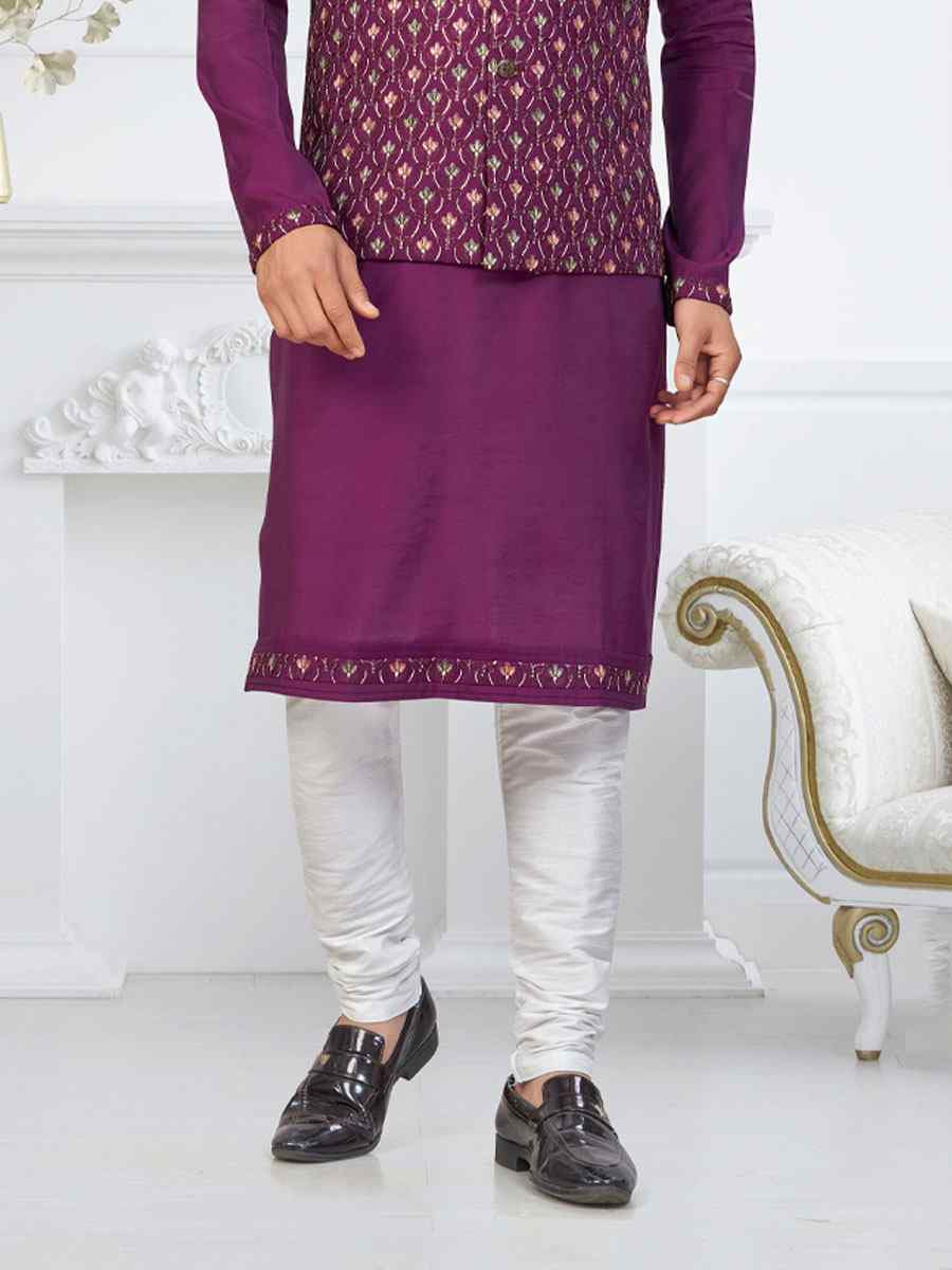 Purple Banarasi Jackard Embroidery Festival Wedding Party Mens Kurta with Jacket
