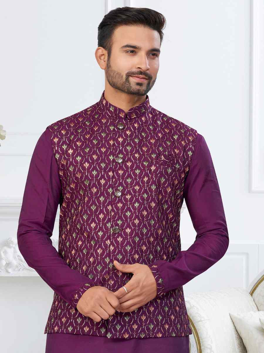 Purple Banarasi Jackard Embroidery Festival Wedding Party Mens Kurta with Jacket