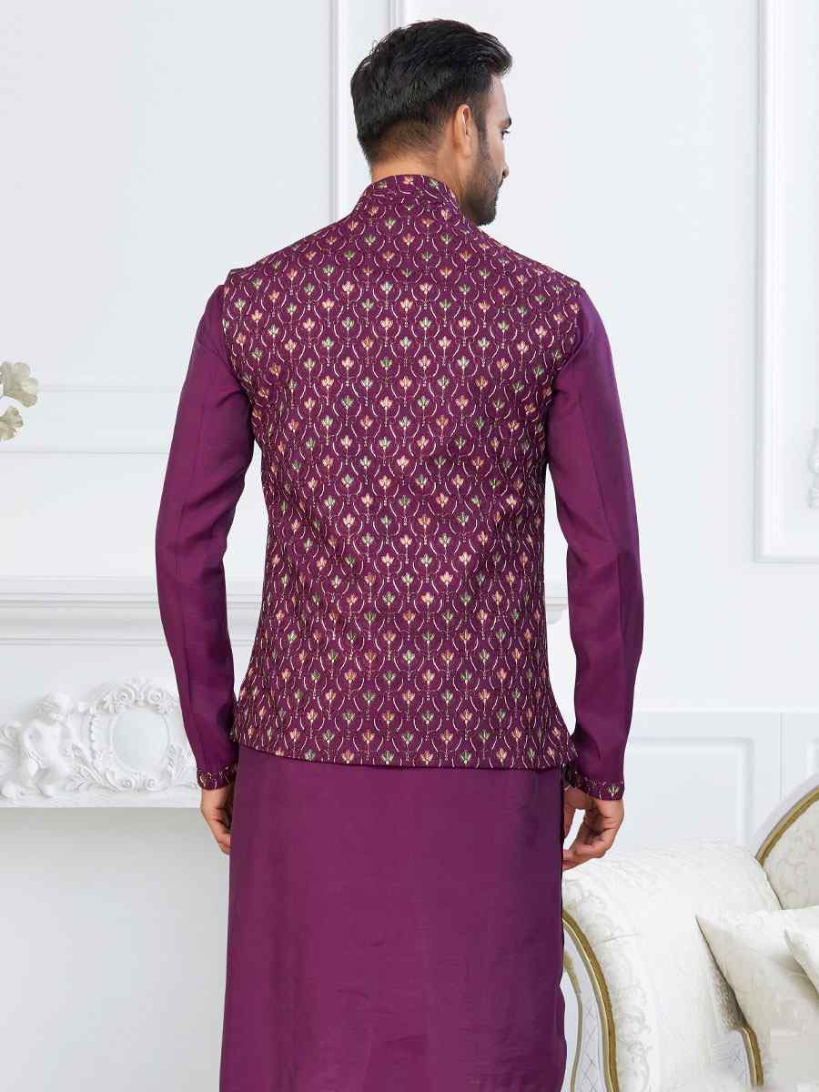 Purple Banarasi Jackard Embroidery Festival Wedding Party Mens Kurta with Jacket