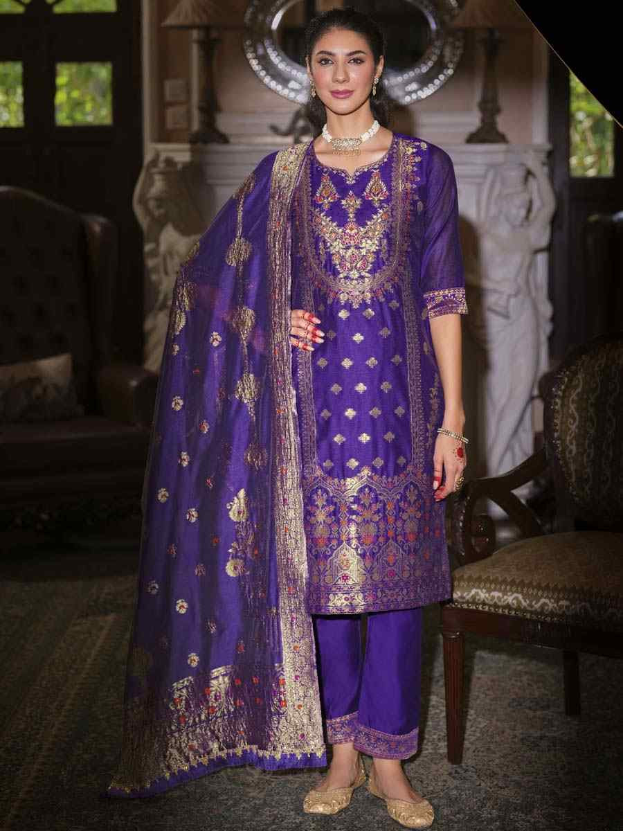 Purple Banarasi Jacquard Silk Embroidered Festival Mehendi Ready Pant Salwar Kameez