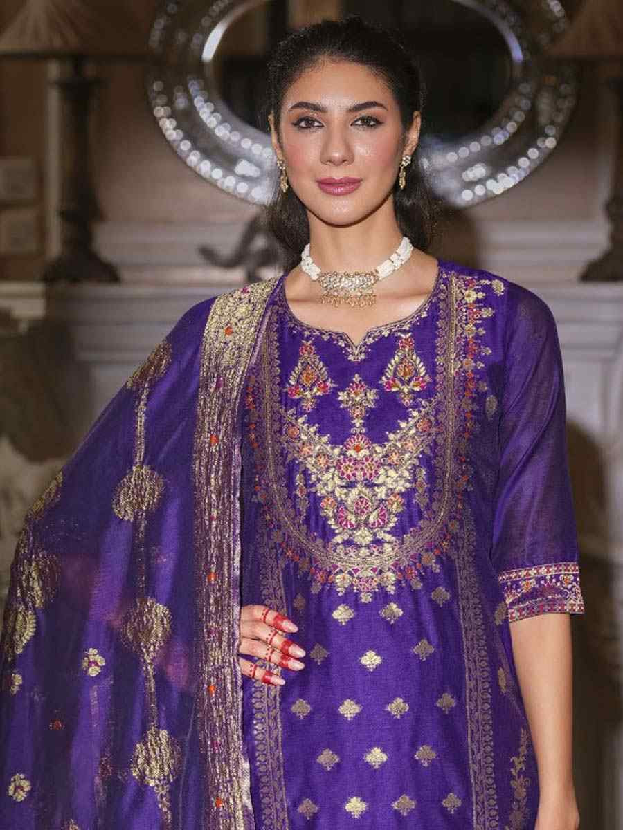 Purple Banarasi Jacquard Silk Embroidered Festival Mehendi Ready Pant Salwar Kameez