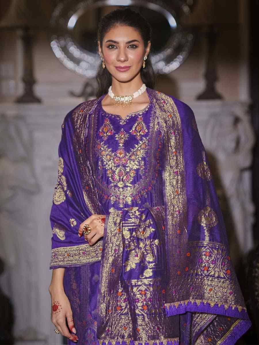Purple Banarasi Jacquard Silk Embroidered Festival Mehendi Ready Pant Salwar Kameez