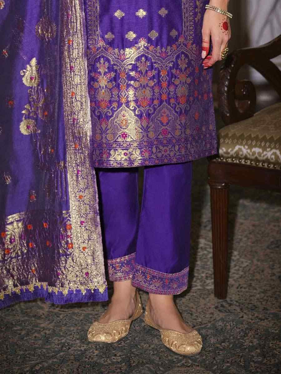 Purple Banarasi Jacquard Silk Embroidered Festival Mehendi Ready Pant Salwar Kameez