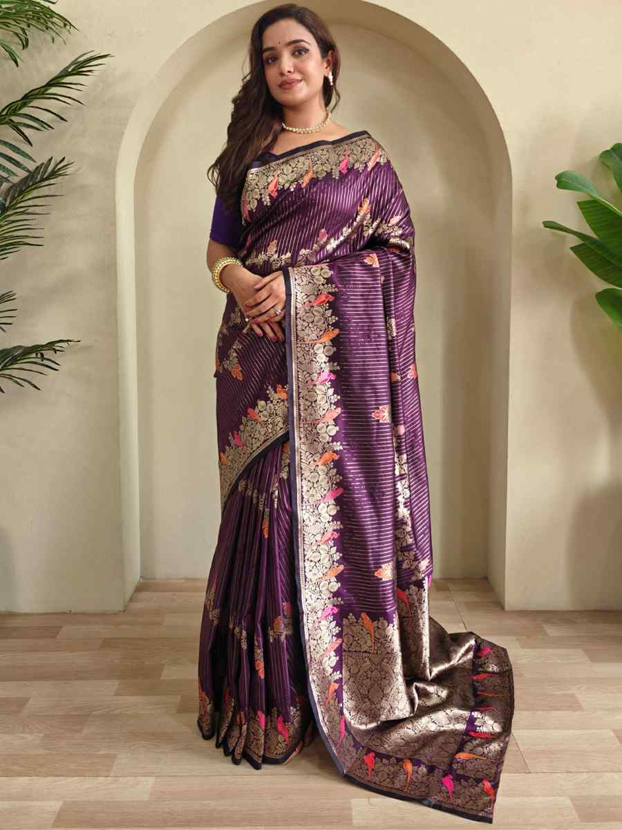 Purple Banarasi Mushro Satin Silk Handwoven Festival Wedding Fancy Heavy Border Saree