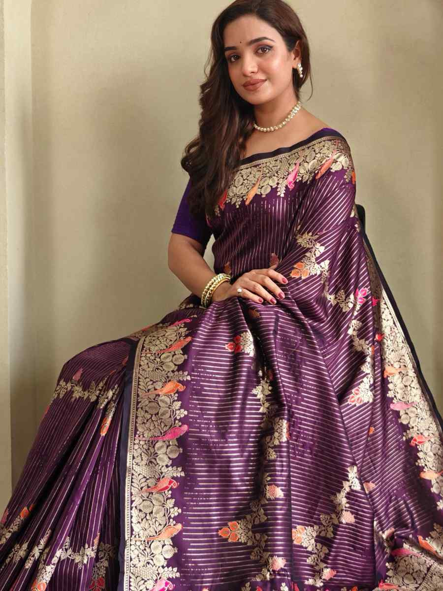 Purple Banarasi Mushro Satin Silk Handwoven Festival Wedding Fancy Heavy Border Saree