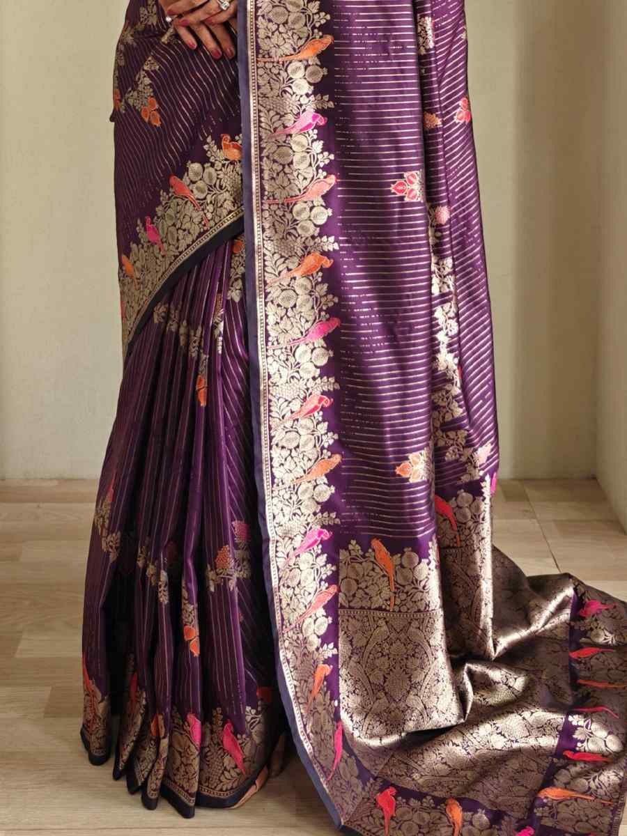 Purple Banarasi Mushro Satin Silk Handwoven Festival Wedding Fancy Heavy Border Saree