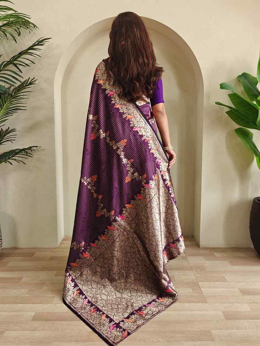 Purple Banarasi Mushro Satin Silk Handwoven Festival Wedding Fancy Heavy Border Saree