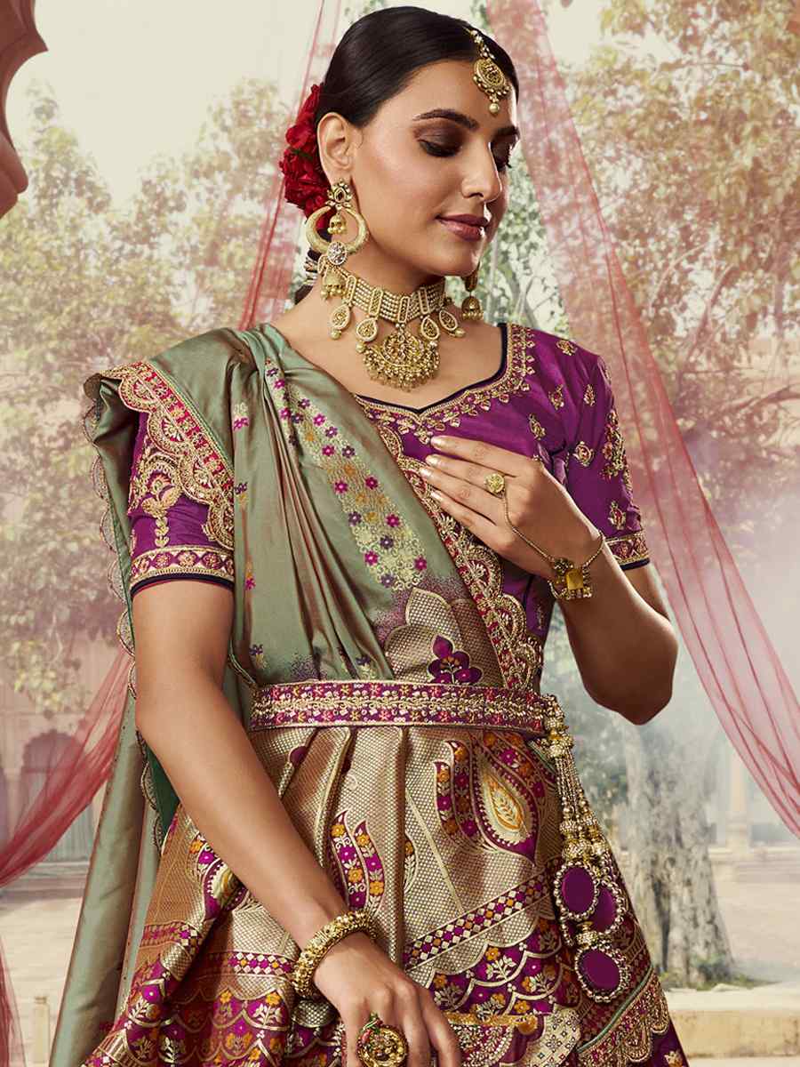 Purple Banarasi Silk Embroidered Bridal Wedding Heavy Border Lehenga Choli
