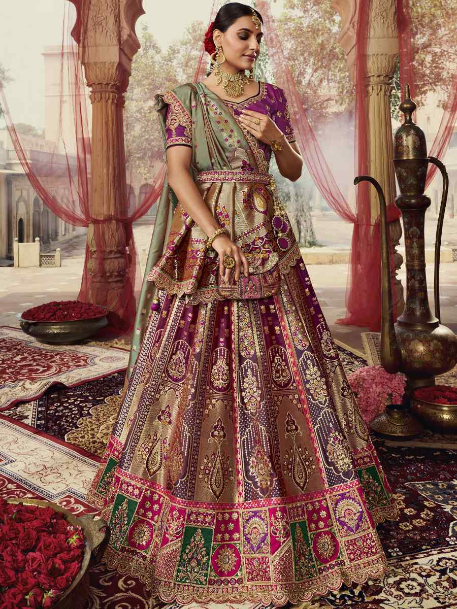 Purple Banarasi Silk Embroidered Bridal Wedding Heavy Border Lehenga Choli